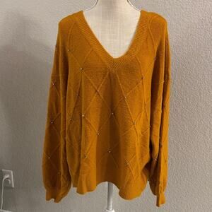 NWT Liz Claiborne V-Neck Mustard Sweater with Rhinestone Embellishments Size XL